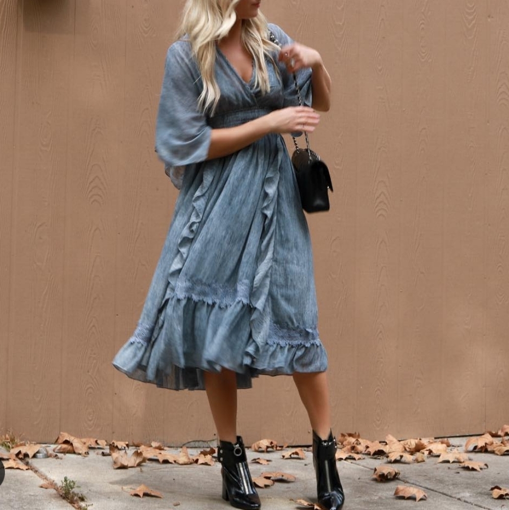 BLUE DRESS MOON RIVER RUFFLES V-NECK OPEN SLEEVES CINCHED WAIST MIDI FULL SKIRT